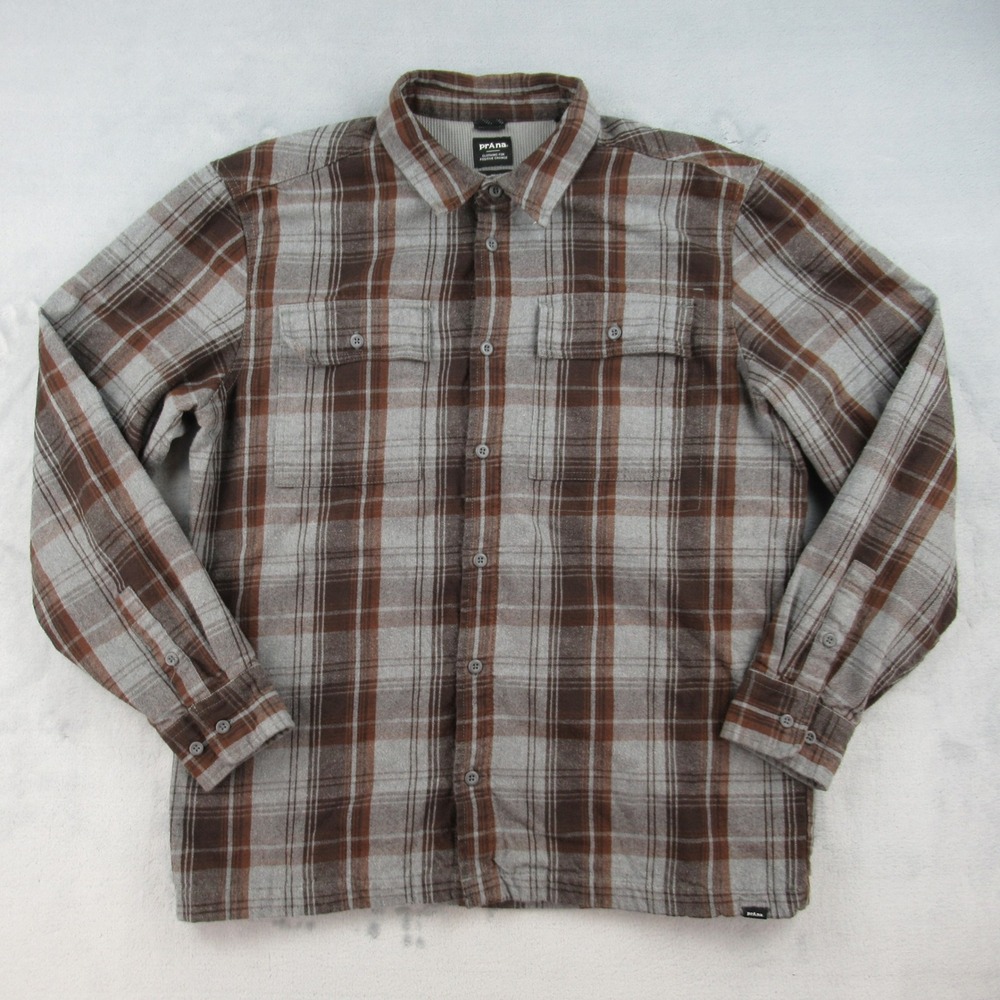 prAna Flannel Shirt Shacket Mens L Brown Plaid Waffle Lined Standard Fit 1964501